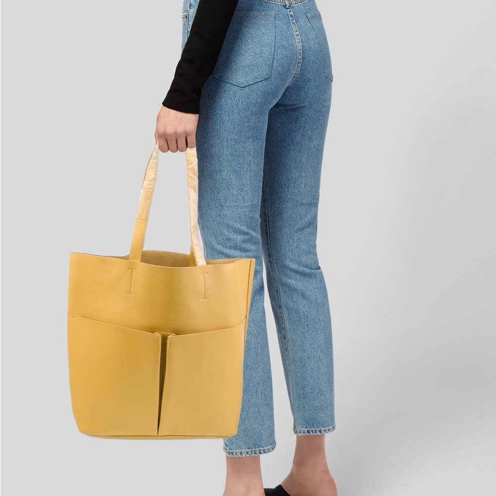 Neiman Marcus Mustard Yellow VEGAN Faux Leather Shopper Tote Bag Shoulder Pocket - Picture 13 of 13